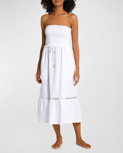 Shop La Blanca Seaside Strapless Cotton Gauze Midi Dress In White