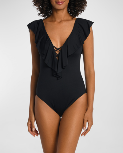 Shop La Blanca Ruffle Plunge Mio Swimsuit In Black