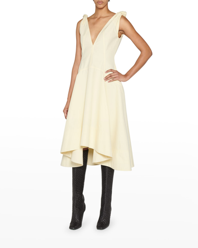 Shop Bottega Veneta Plunging Knot-shoulder Midi Canvas Dress In Bianco