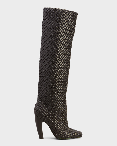 Shop Bottega Veneta Intrecciato Woven Lambskin Knee Boots In Black