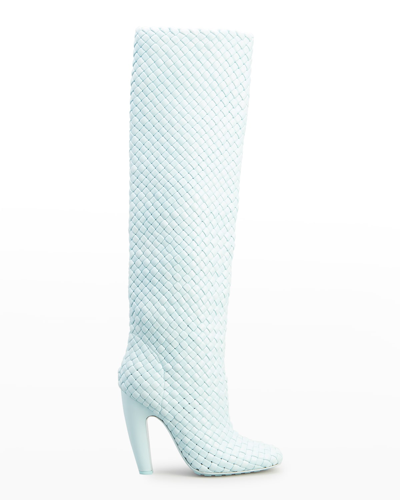 Shop Bottega Veneta Intrecciato Woven Lambskin Knee Boots In Pale Blue