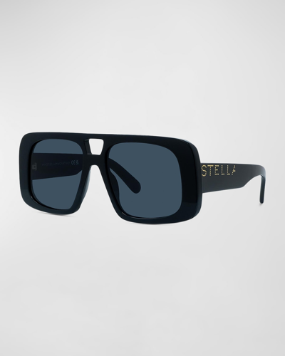 Shop Stella Mccartney Oversized Logo Acetate Aviator Sunglasses In Shiny Black Smoke