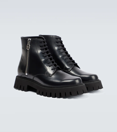 Shop Gucci Lace-up Leather Ankle Boots In Black