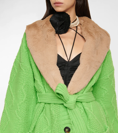 Shop Blumarine Faux Fur-trimmed Wool Cardigan In Verde Fluo