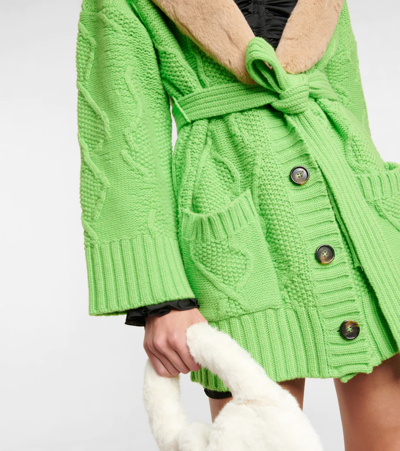 Shop Blumarine Faux Fur-trimmed Wool Cardigan In Verde Fluo