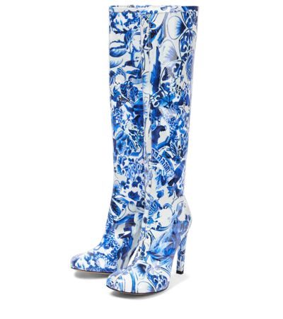 Shop Dries Van Noten Printed Leather Knee-high Boots In L.blue