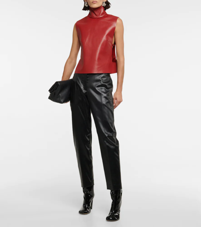 Tie-back Leather Turtleneck Top In Red