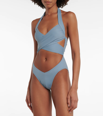 Shop Norma Kamali Crossover Mio Swimsuit In Soft Blue