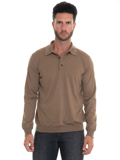 Shop Kiton Polo Shirt Long Sleeves In Camelhair