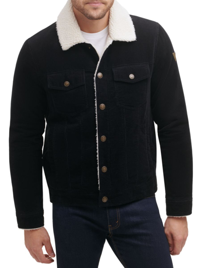 Shop Guess Men's Sherpa Collar Cord Trucker Jacket In Black