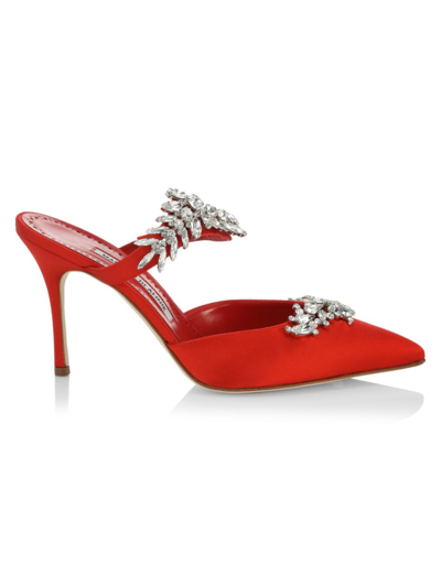 Shop Manolo Blahnik Women's Lurum 90mm Embellished Satin Mules In Red