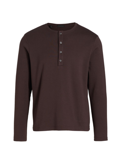 Shop Saks Fifth Avenue Men's Collection Piqué Cotton-blend Long-sleeve Henley Shirt In Java