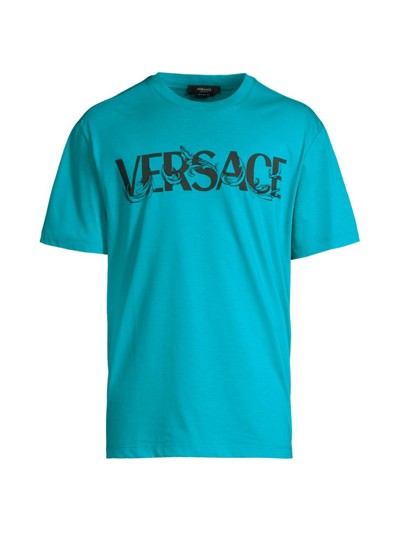 Shop Versace Men's Logo Cotton T-shirt In Turquoise