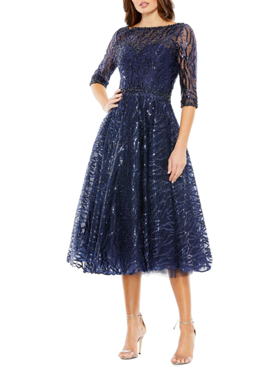 Shop Mac Duggal Women's Sequined Fit-&-flare Midi-dress In Navy