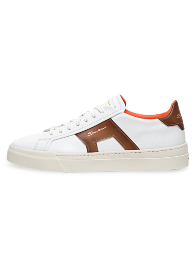 Shop Santoni Men's Double Buckle Contrast Leather Low-top Sneakers In White Light Brown