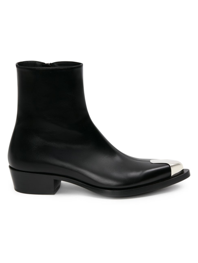 Shop Alexander Mcqueen Men's Metal-toe Leather Boots In Black Silver