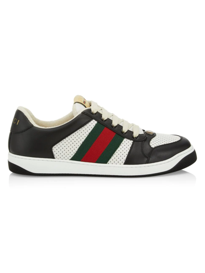 Shop Gucci Men's Banded Leather Sneakers In Black White