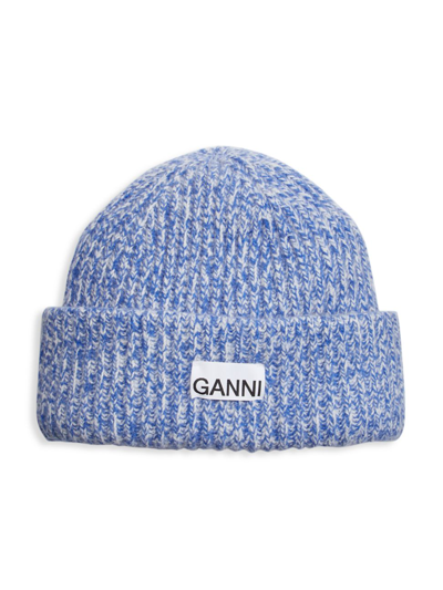 Shop Ganni Women's Wool Blend Logo Beanie In Nautical Blue