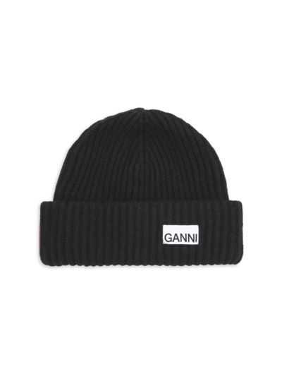 Shop Ganni Women's Wool Blend Logo Beanie In Black