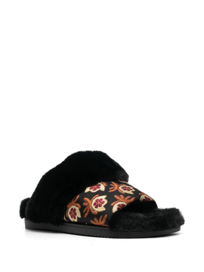 Shop La Doublej Faux-fur Floral Strap Slides In Black