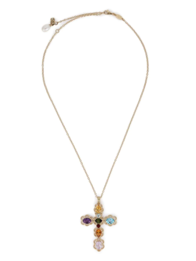 Dolce & Gabbana 18 Kt Yellow Gold Cross Pendant With Multicolor Fine Gemstones In Gold