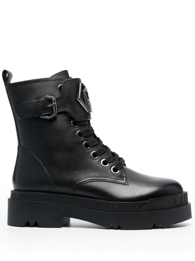 Shop Liu •jo Logo-plaque Combat Boots In Black