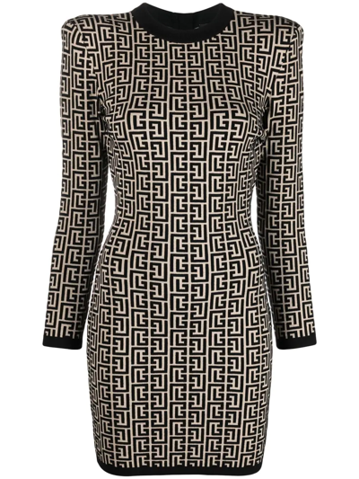 Shop Balmain Monogram-knit Mini Dress In Schwarz