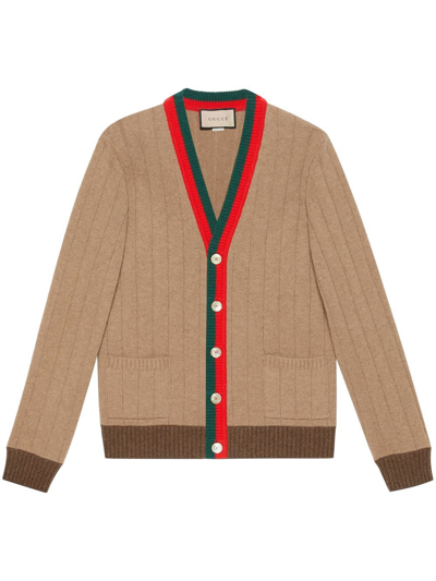 Shop Gucci Web Stripe Ribbed-knit Cardigan In Nude