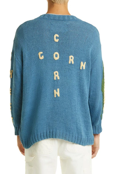 Story Mfg. Keeping Corn-appliqué Organic-cotton Sweater In Blue
