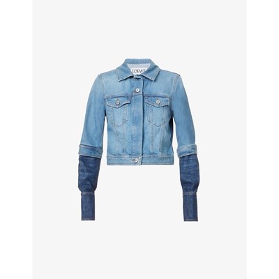 Shop Loewe Women's Blue Denim Cropped Panelled Denim Jacket