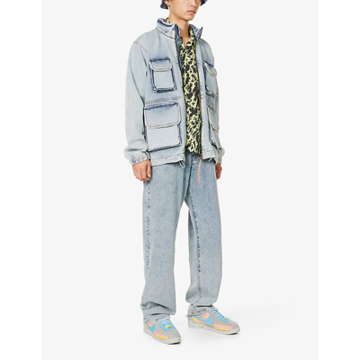 Shop Aries Acid-washed Concealed-hood Relaxed-fit Denim-cargo Jacket In Blue