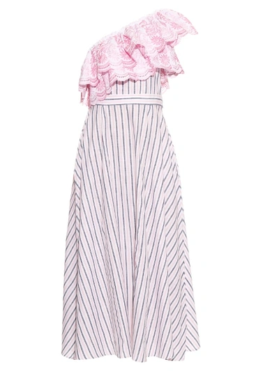 Gül Hürgel One Shoulder Ruffle-trimmed Striped Dress In White With Grey And Light-pink Stripes