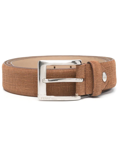 Pre-owned Gianfranco Ferre Square Buckle Tweed Belt In Brown