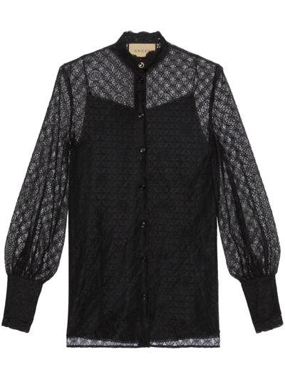 Shop Gucci Gg Geometric Lace Puff-sleeve Shirt In Black