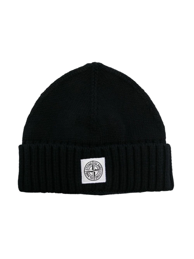 Shop Stone Island Junior Logo-patch Fine-knit Beanie In Black