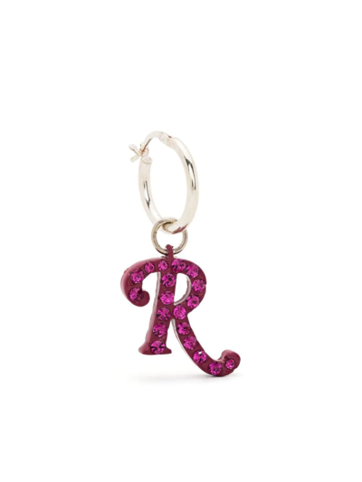 Shop Raf Simons Gem-embellished Logo-charm Hoop Earring In 粉色