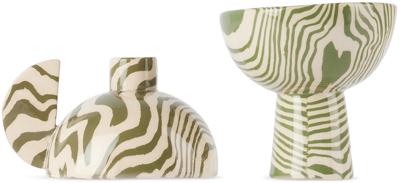 Henry Holland Studio Green & White Duo Candle Holders In Green/white