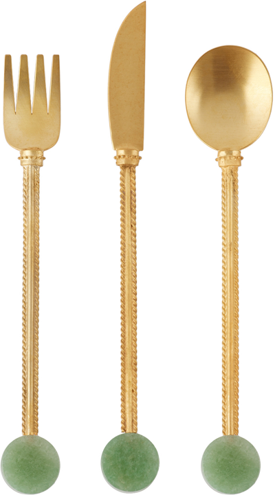 Shop Natalia Criado Gold Stone Cutlery Set In Green Quartz