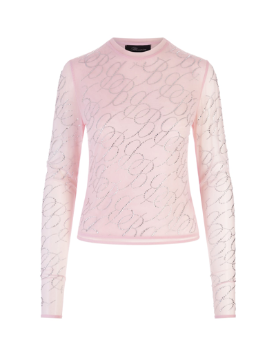 Shop Blumarine Woman Pink Tulle T-shirt With All-over Rhinestone Logo Embroidery In Chalk Pink