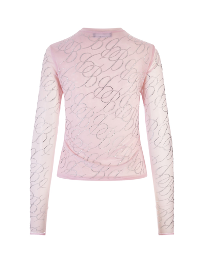 Shop Blumarine Woman Pink Tulle T-shirt With All-over Rhinestone Logo Embroidery In Chalk Pink
