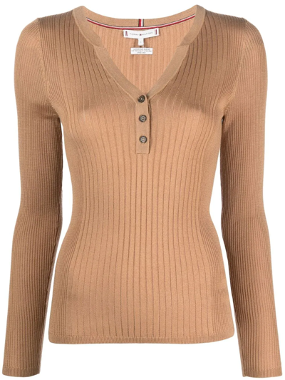 Shop Tommy Hilfiger Button-front Long Sleeved T-shirt In Neutrals