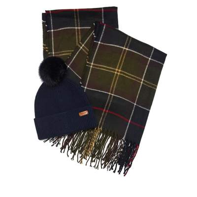 Shop Barbour Dover/hailes Tartan Blue Beanie+scarf Set