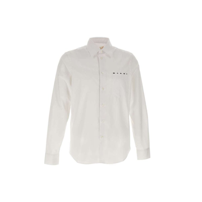 Shop Marni Logo Print Buttoned Long Sleeved Shirt In White