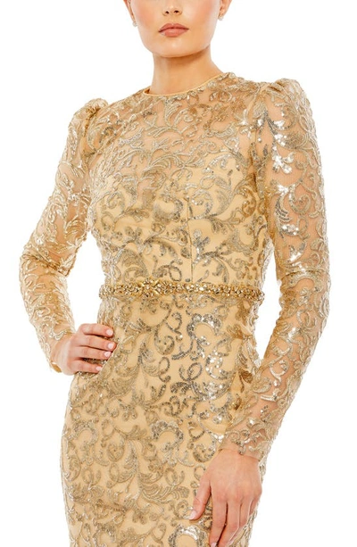 Shop Mac Duggal Sequin Tapestry Long Sleeve Trumpet Gown In Gold