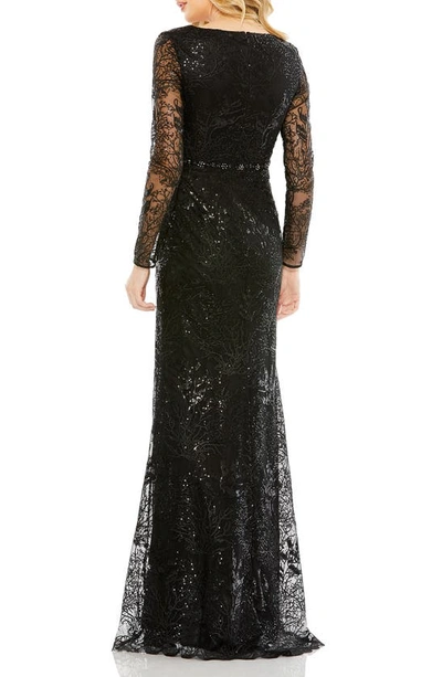 Mac Duggal Sequin Wrap Front Long Sleeve Sheath Gown In Black
