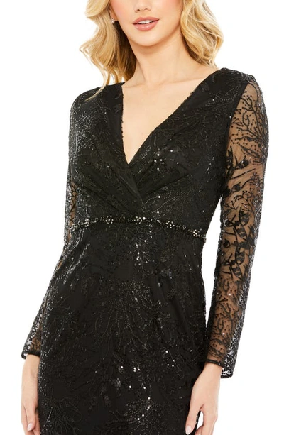 Mac Duggal Sequin Wrap Front Long Sleeve Sheath Gown In Black