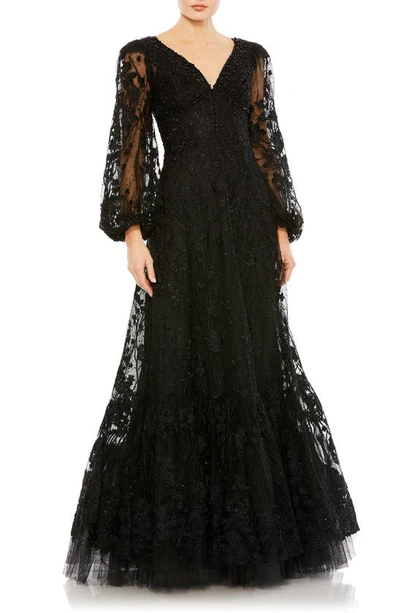 Shop Mac Duggal Embroidered Bishop Sleeve Gown In Black