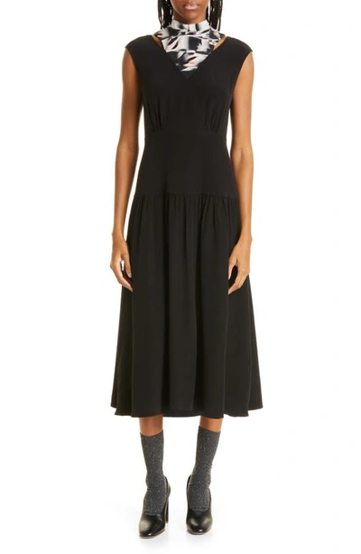 Shop Jason Wu Cap Sleeve Midi Fit & Flare Dress With Silk Neck Tie In Black/ Pink