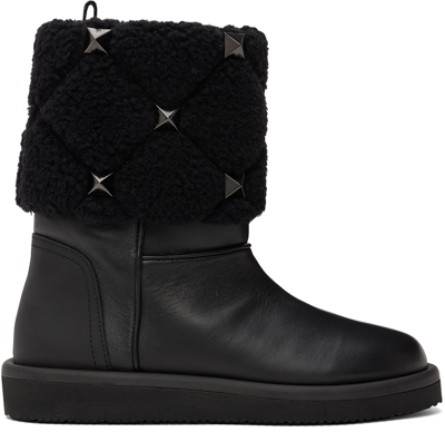 Shop Valentino Black Roman Stud Quilted Winter Boots In 0no Nero