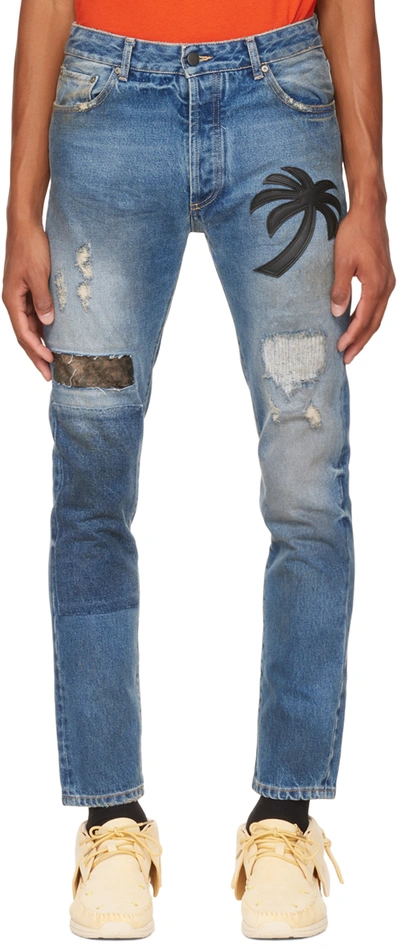 Shop Palm Angels Blue Curved Palm Tree Jeans In Blue Black